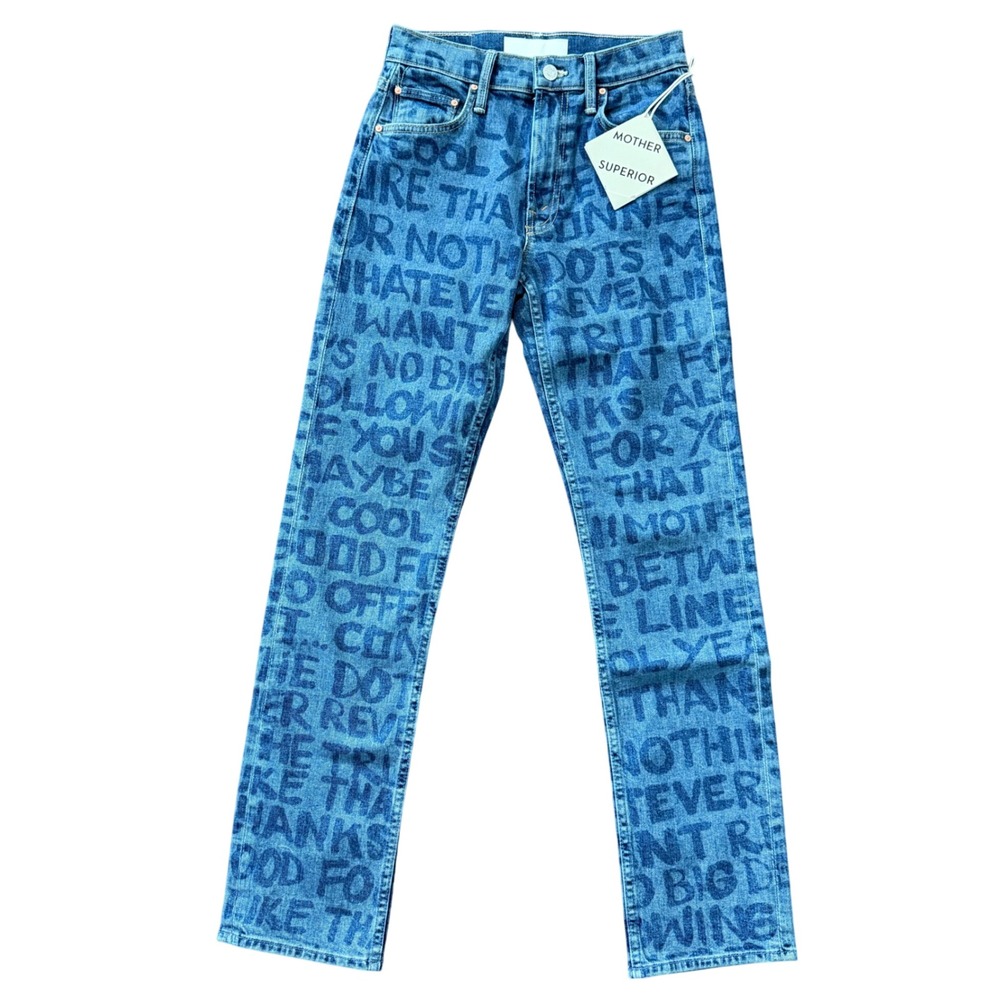MOTHER SUPERIOR The Smarty Pants Skimp Jeans Size 24‎ Blue Text Print High Rise